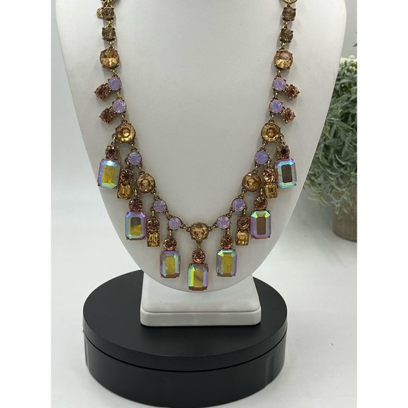 J. Crew Pink Opalescent Opaque and Shiny Rhinestone‎ Mauve Ribbon Tie Necklace - Picture 1 of 12